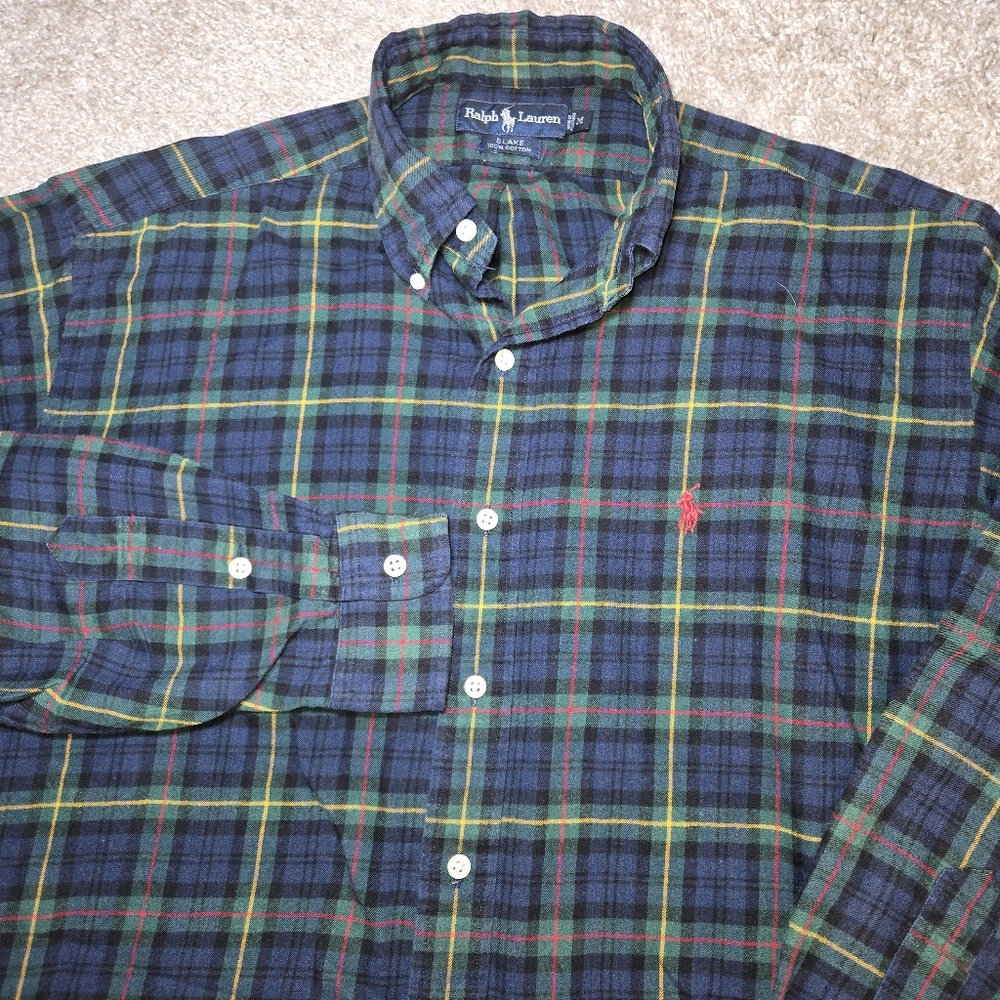 Ralph Lauren Mens Medium Blake Long Sleeve Button Down Shirt Blue Green Plaid